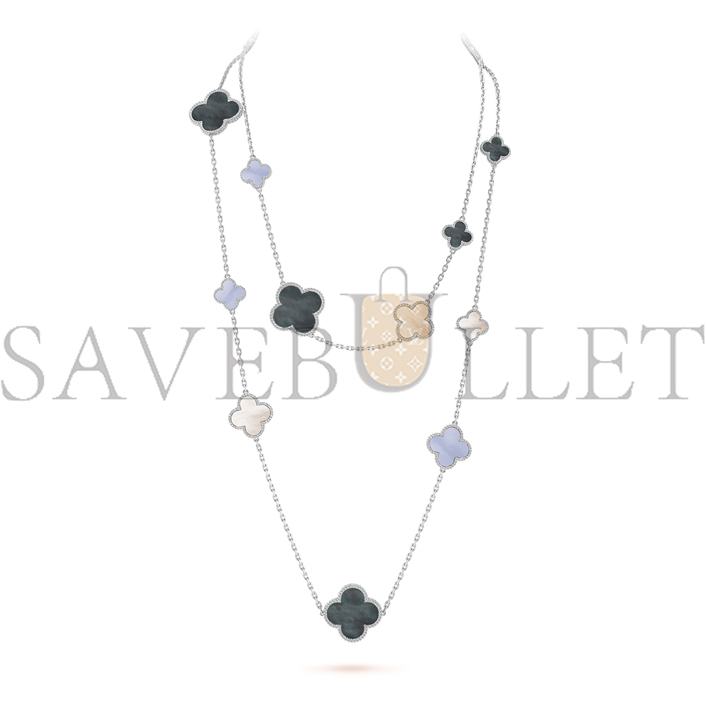 VAN CLEEF ARPELS MAGIC ALHAMBRA LONG NECKLACE, 16 MOTIFS - WHITE GOLD, CHALCEDONY, MOTHER-OF-PEARL  VCARN19000